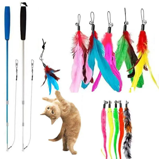 Retractable Cat Feather Bell Teaser Rod With Bell Refills Durable Cat Feather Toy Relieve Boredom Interactive Cat Toys