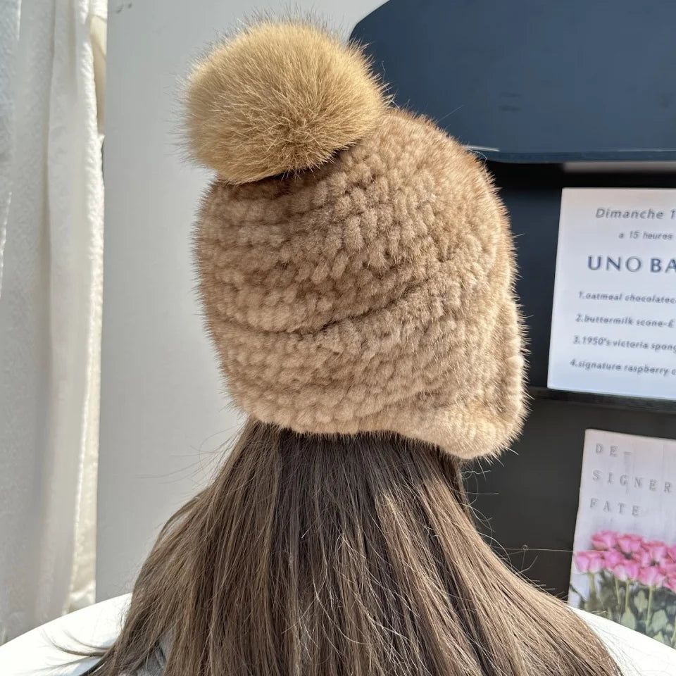 New Winter Ladies Real Mink Fur Hat Warm Thickened Ear Protection Knitted Cap Ladies Winter Fashion Accessories