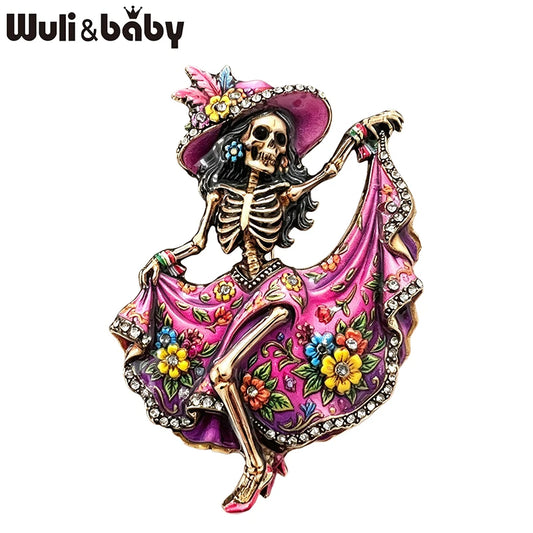 Wuli&baby Charming Dancing Skeleton Brooches For Women Unisex 2-color Vintage Wear Dress Sugar Skull Party Brooch Pins Gifts