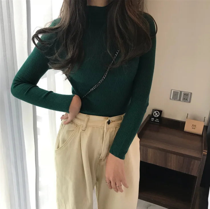 zjaiss 2026 Autumn Basic Bottoming Sweater Top Women Ribbed Soft Mock Neck Elastic Pullover Warm Solid Color Slim Jumper