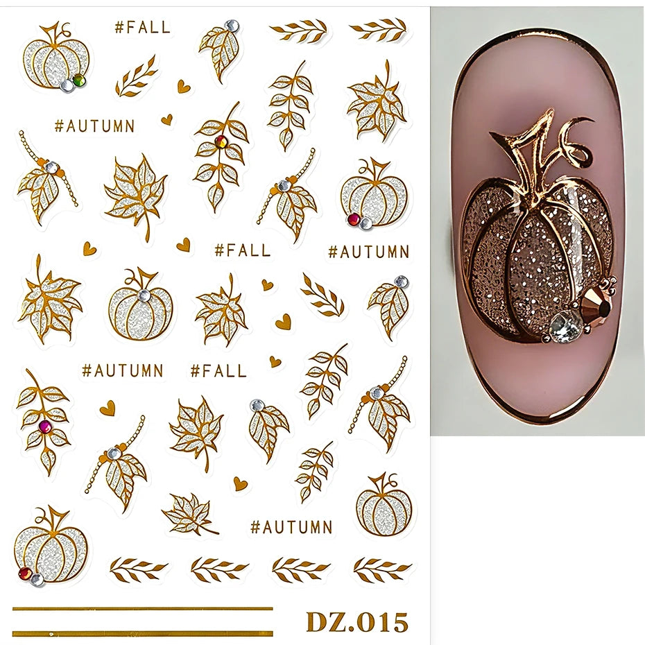 2pcs Golden Pumpkin Maple Leaf Nail Stickers Shiny Nail Art Decals Autumn Fall Mini Heart Leaves Manicure Decoration Accessories