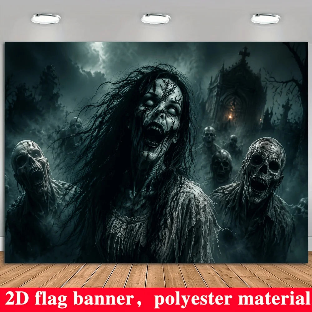 Halloween zombie-themed background, suitable for theme parties, escape room setups, studio decorations, and outdoor gatherings.