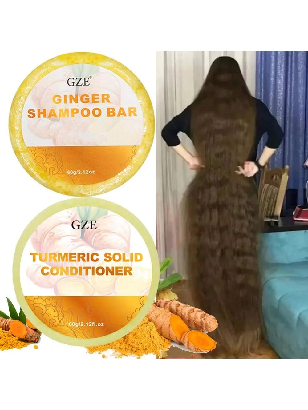 GZE Ginger Shampoo Bar Soap and Turmeric Solid Conditioner Hair Set for Thinning, Lock in Moisture & Shine and Control Frizz.