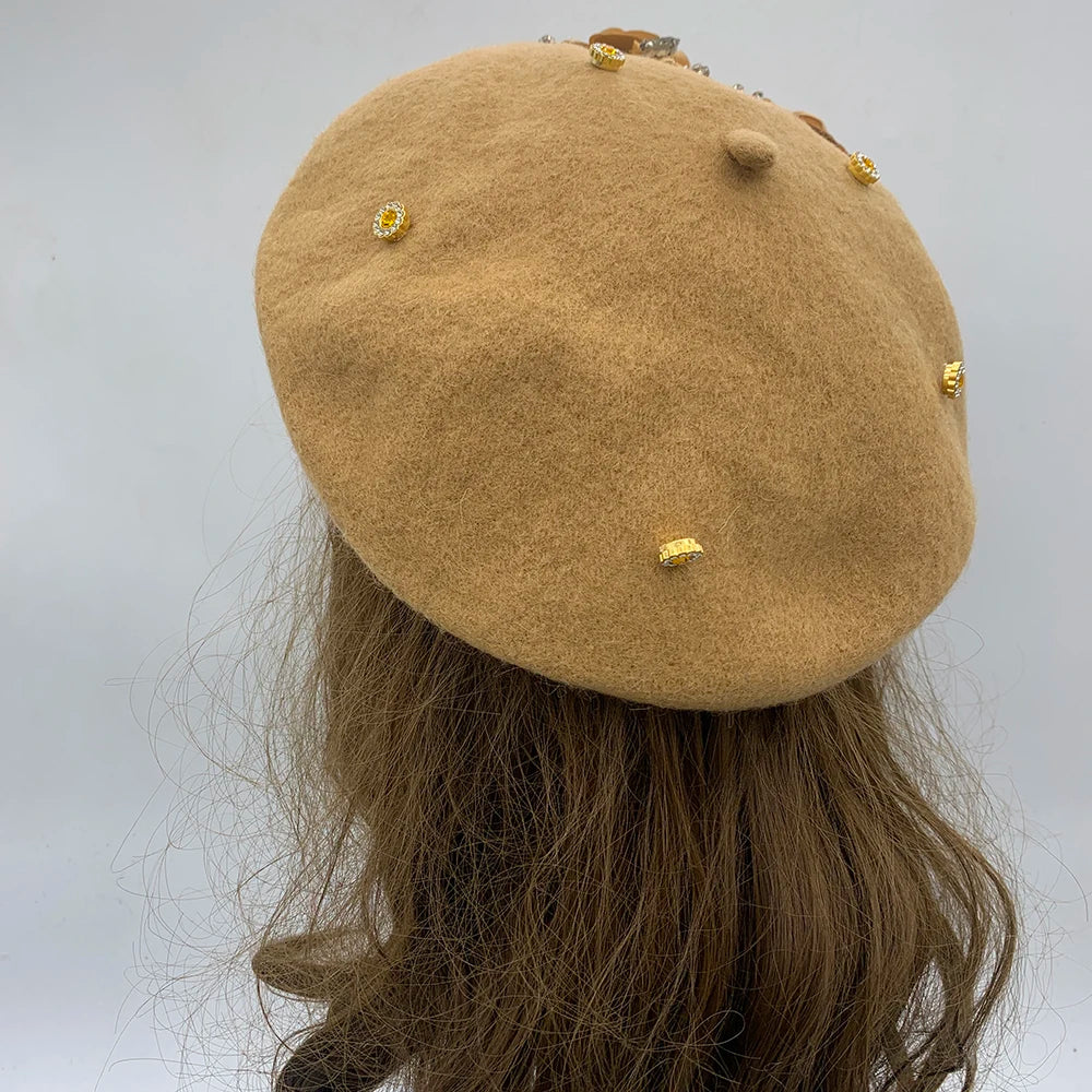 Winter Unique Designer Berets for Women Luxury Rhinestone Bouquet Turban Cap Exaggerated Painter Hat Female Winter Headpiece