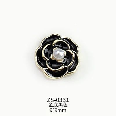 10PCS Glossy White Black Dimaonds Pearls Gold Edge Camellia Rose Flowers Metal Nail Art Rhinestones Jewelry Manicure Decorations
