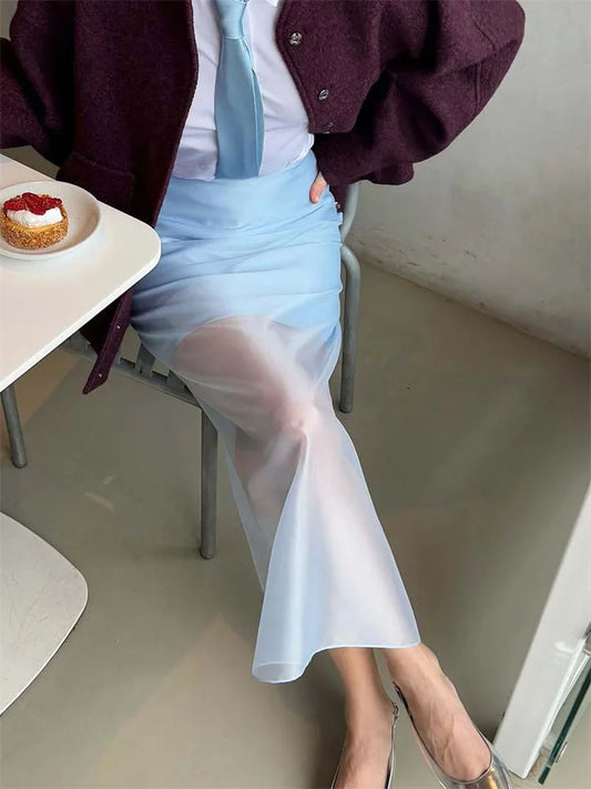 Tossy Summer See-Through High Waist Long Skirt Female Slim Patchwork Casual Solid Commute Y2k Skirt Women's Mesh Maxi Skirt 2025