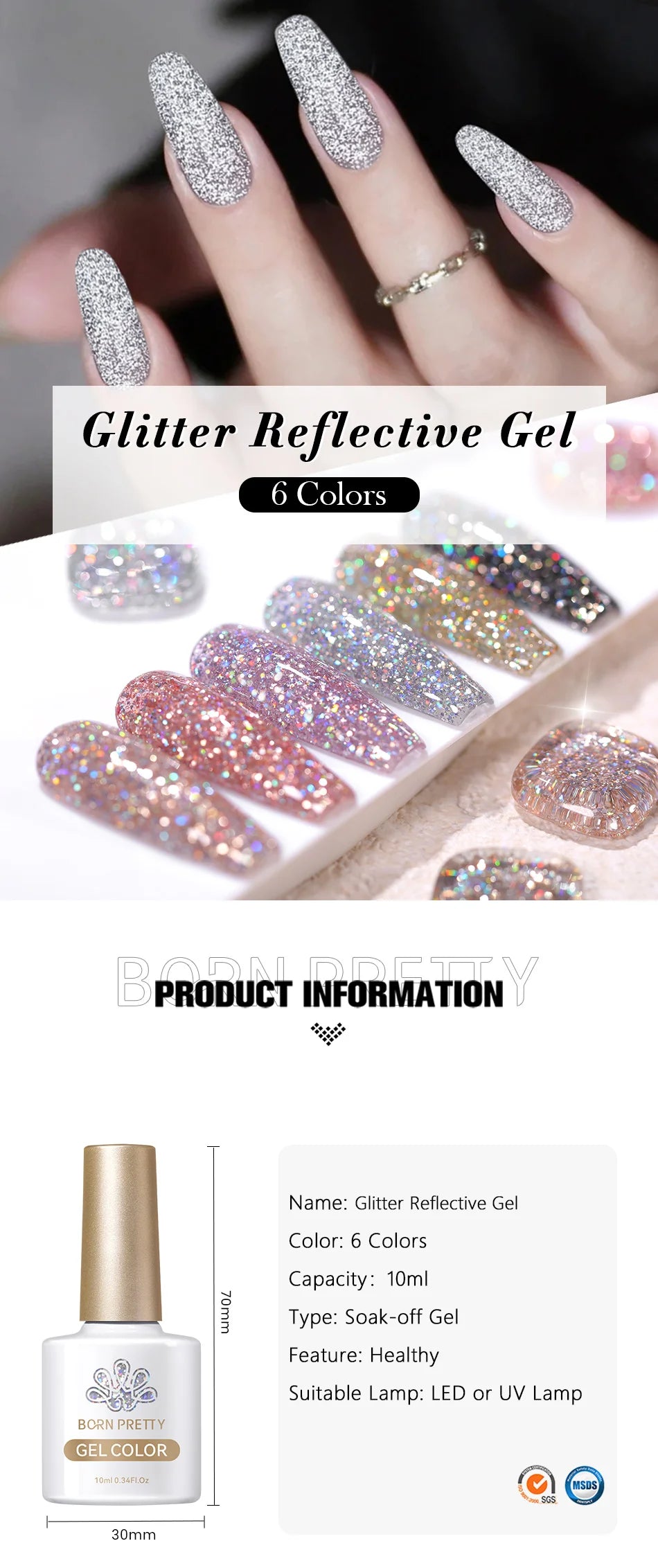 BORN PRETTY 10ml Sliver Reflective Gel Polish Sparking Glitter Semi Permanent Varnish Nail Art Soak Off Gel Varnish Manicure