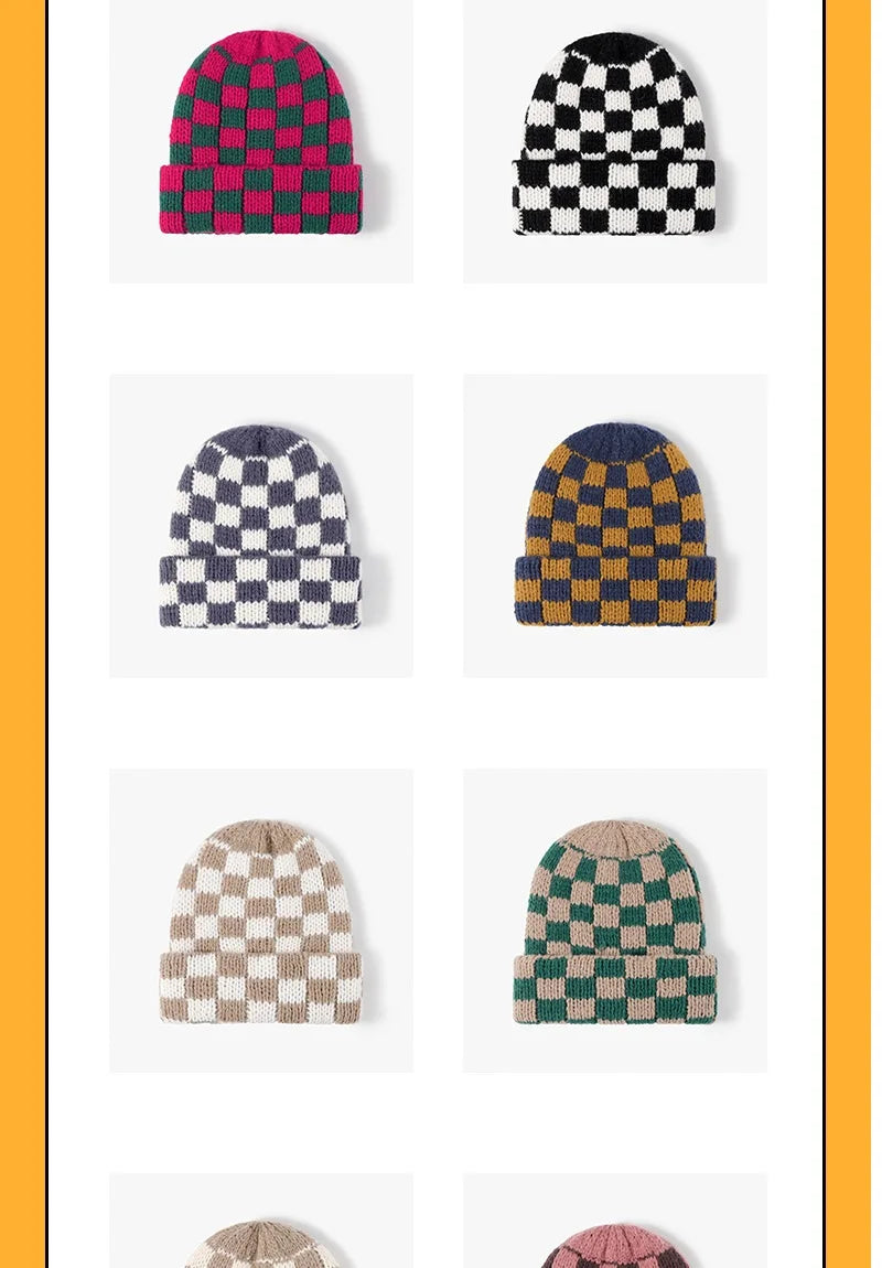 Winter Hats for Woman New Men Beanie Knitted Hat Girl Black White Check Plaid Chess Beanie Gorros Warm Bonnet Ladies Casual Cap