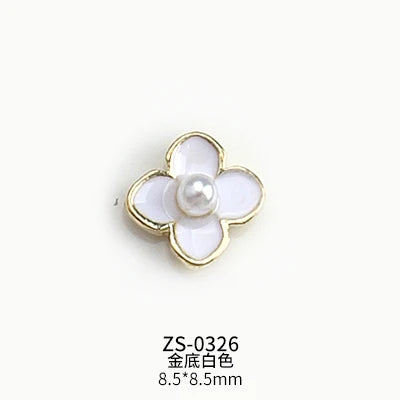10PCS Glossy White Black Dimaonds Pearls Gold Edge Camellia Rose Flowers Metal Nail Art Rhinestones Jewelry Manicure Decorations