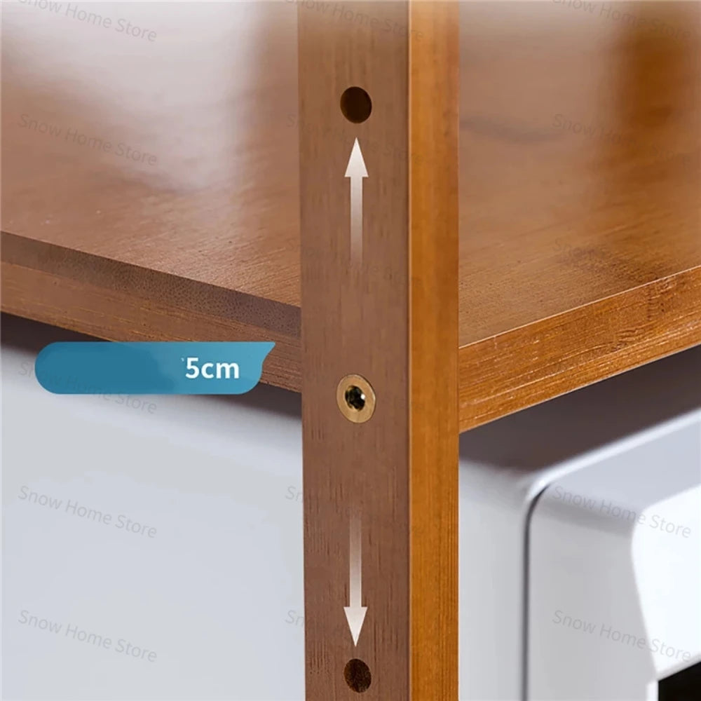 New Kitchen Countertops Storage Shelf Multi-Layer Bamboo Adjustable Microwave Oven with Hanging Hook Chopping Board Holder