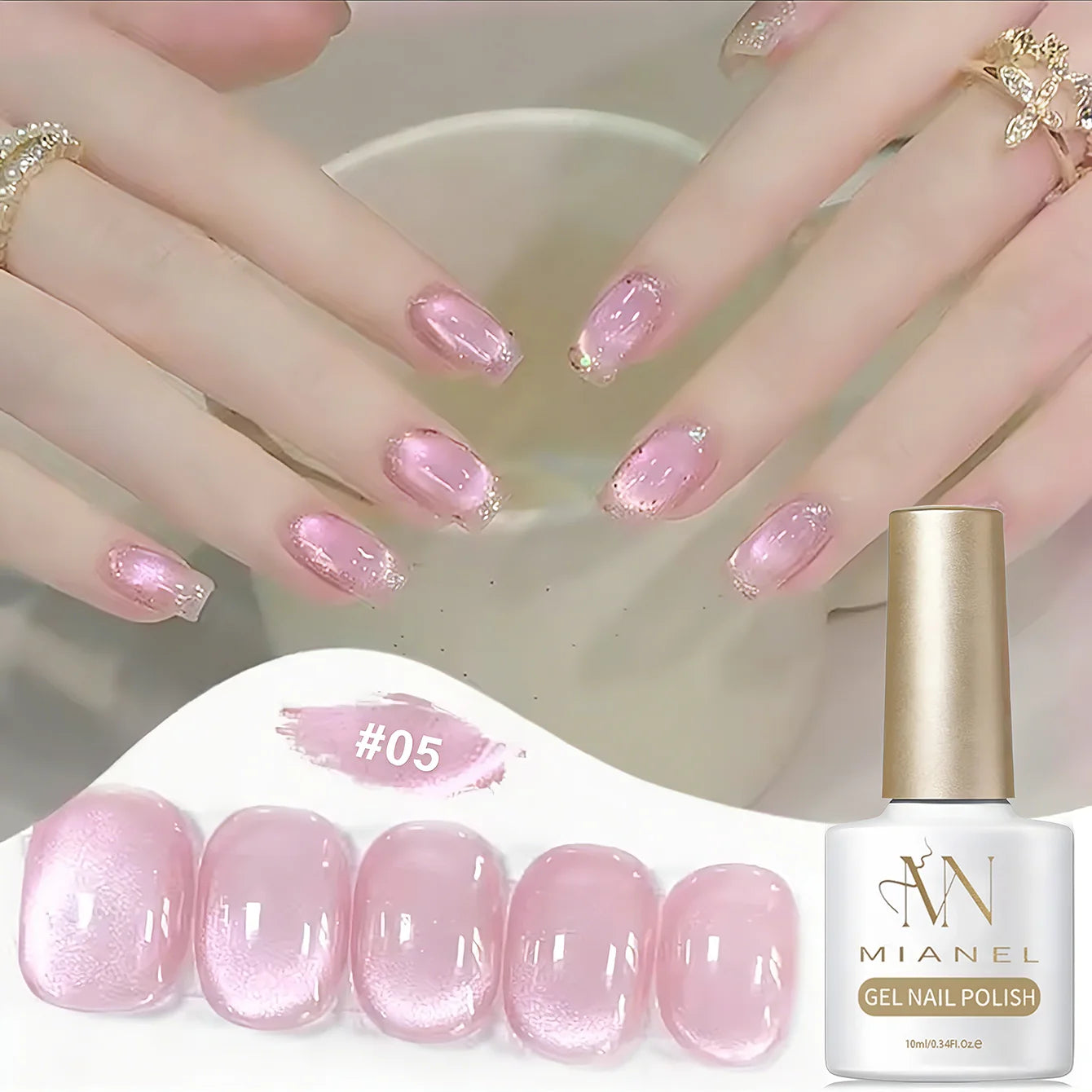 MIANEL 2026 10ML Lover Cat Eye Nail Gel Nude Pink with Sparkling Golden Light Glass Bead for Flattering Cat Eye Manicure