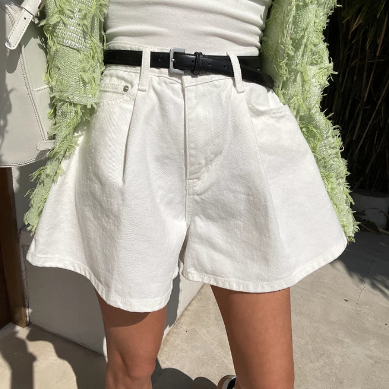 REALEFT Summer Washed High Waist Women's A-line Denim Shorts Pocket White 2025 New Casual Loose Wide Leg Jeans Shorts Female