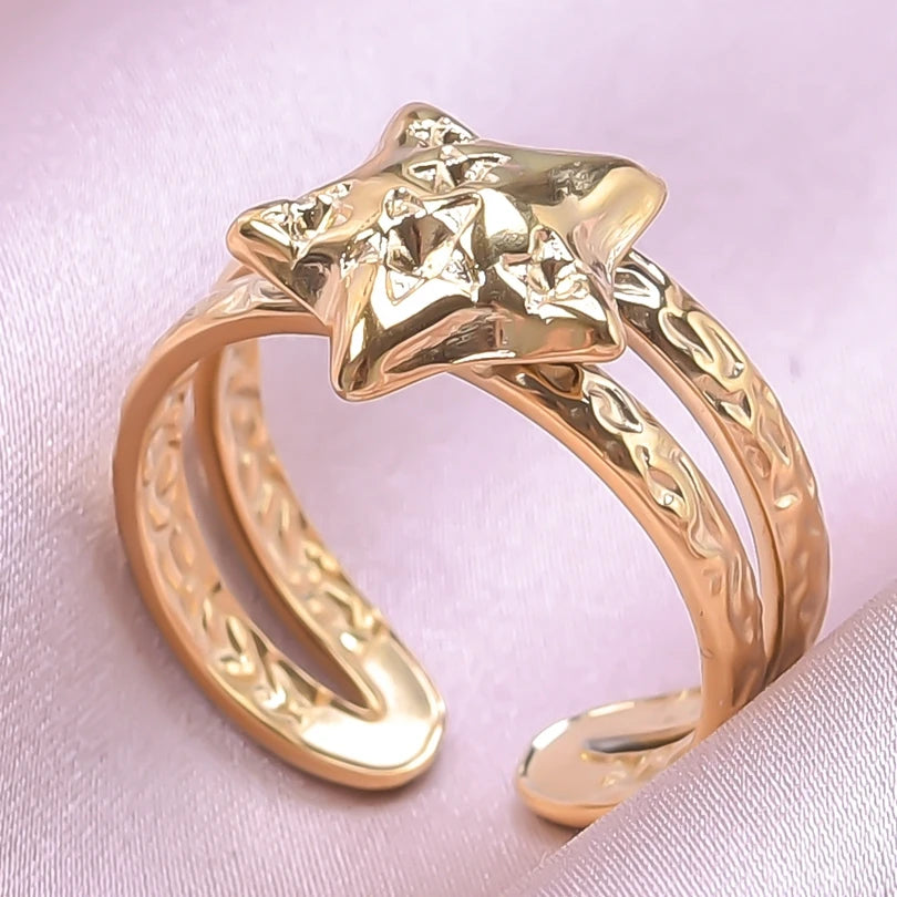 6pcs/lot Wholesale Various Chunky Rings Real Gold Plated Love Abstract DIY Shell Star Sun Bat Shaped Rings Women Jewelry Gifts