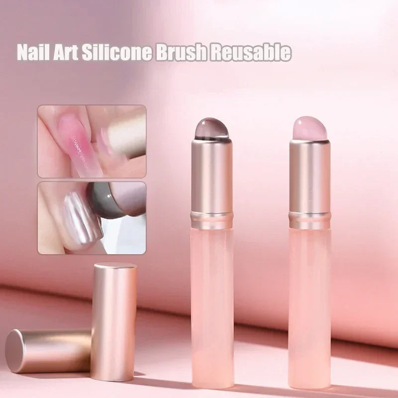 Jelly Pink Nail Art Silicone Brush Reusable Mirror Powder Pigment Applying Manicure Tool Soft Q-elastic Smudge Nail Brush Stick