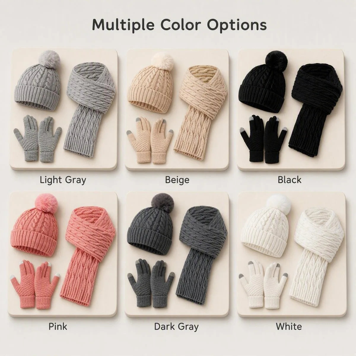Women Winter 3Pcs Set Pom Pom Beanie Hat Scarf Touch Screen Gloves Sequin Knitted Warm Outdoor Accessories Christmas Gifts
