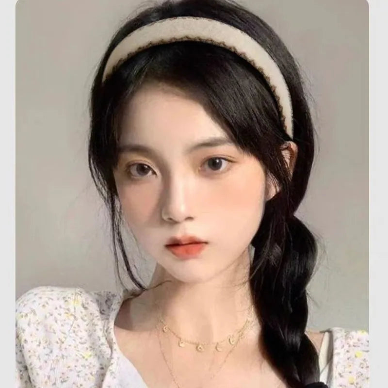Autumn Winter Plush Ribbon Headbands Black White Cashmere Knit Hairband Women's Elegant Hair Accessories Warm Headwrap Non-slip