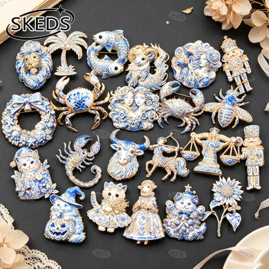 SKEDS Blue and White Porcelain Style Enamel Constellation Brooch Retro Rhinestone Animal Character Lapel Pin Elegant Jewelry