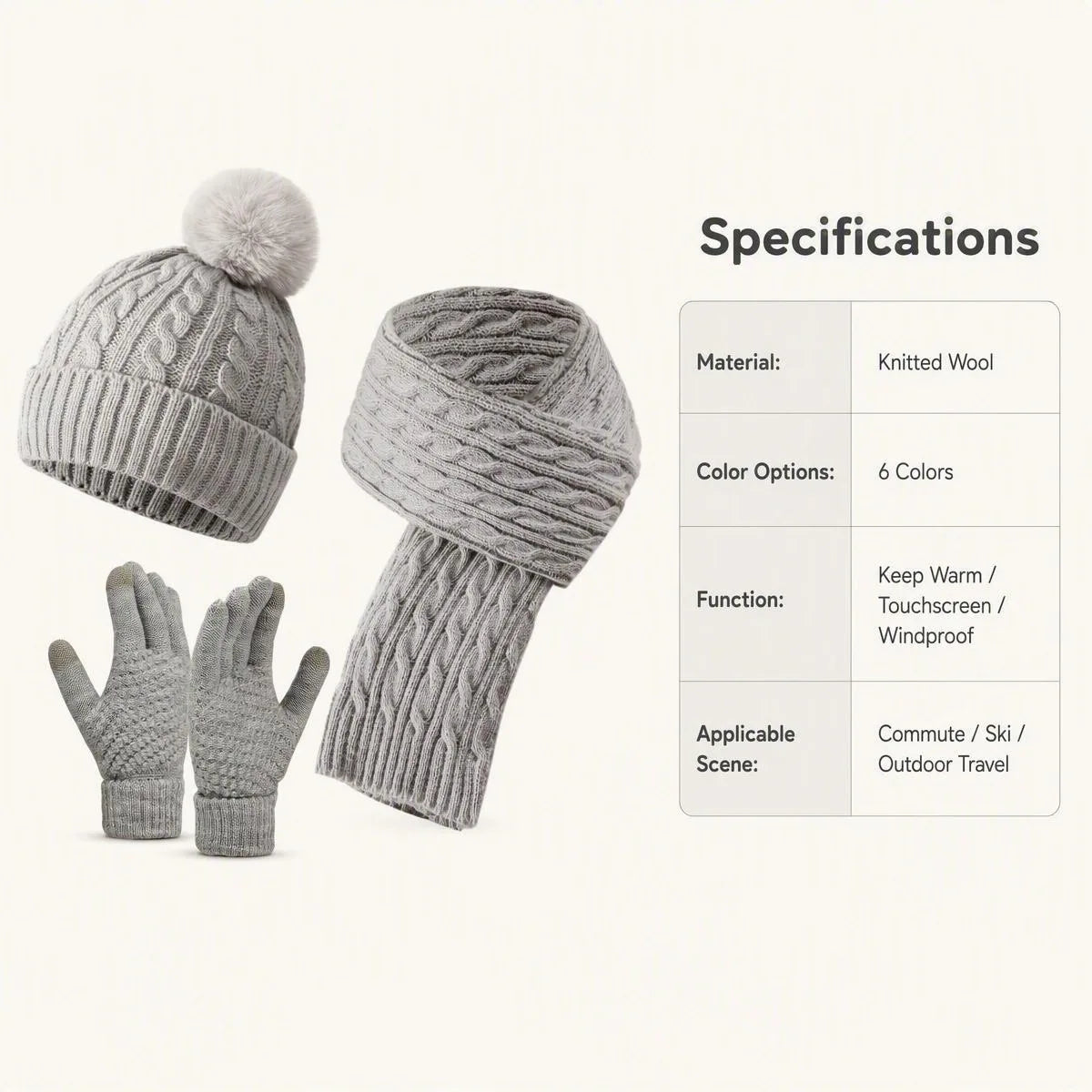 Women Winter 3Pcs Set Pom Pom Beanie Hat Scarf Touch Screen Gloves Sequin Knitted Warm Outdoor Accessories Christmas Gifts