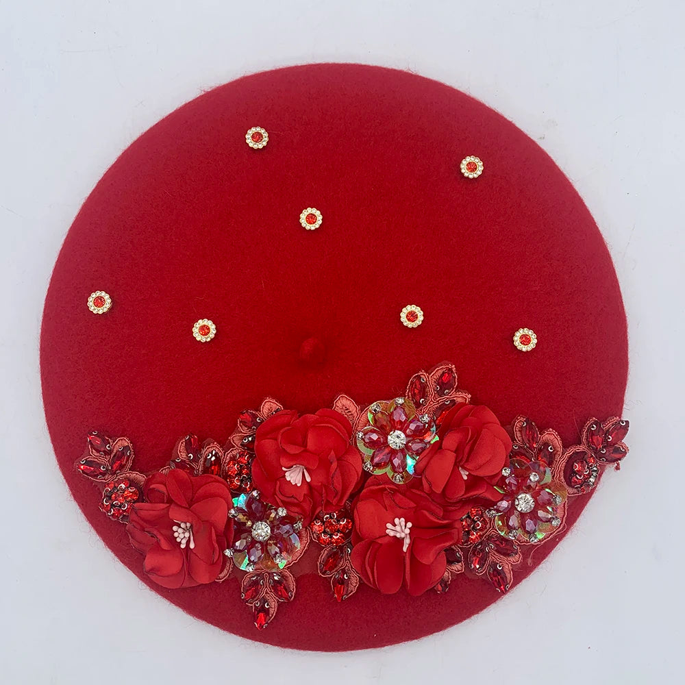 Winter Unique Designer Berets for Women Luxury Rhinestone Bouquet Turban Cap Exaggerated Painter Hat Female Winter Headpiece