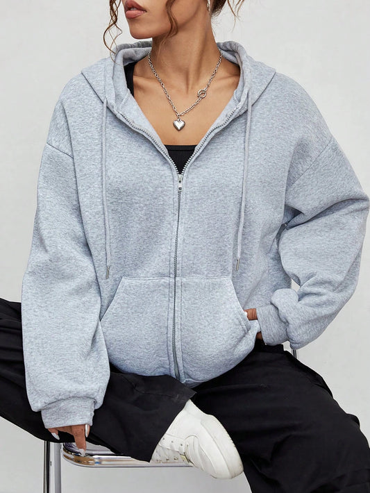 New Solid Zipper Hoodie Women Warm Fleece Hoodies Autumn Casual Hoody Street Pocket Sportswear Oversized All-Match Female Veste