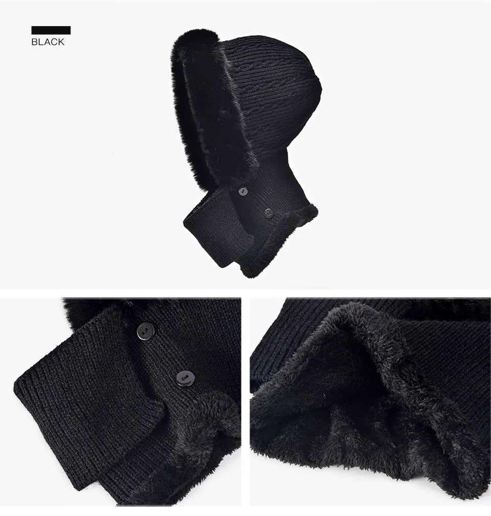 BeauToday Winter Knitted Hat Women Faux Fur Ear Protection Beanies Female Hooded Neck Collar Adjustable Earflap Caps 96502