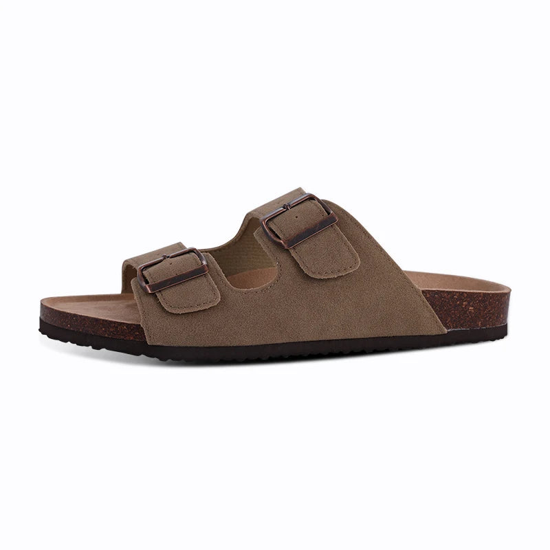 Comwarm Men's Cork Footbed Slides Sandals Arch Support Summer Outdoor Sandals with Adjustable Buckle Leisure Men Leather Slides