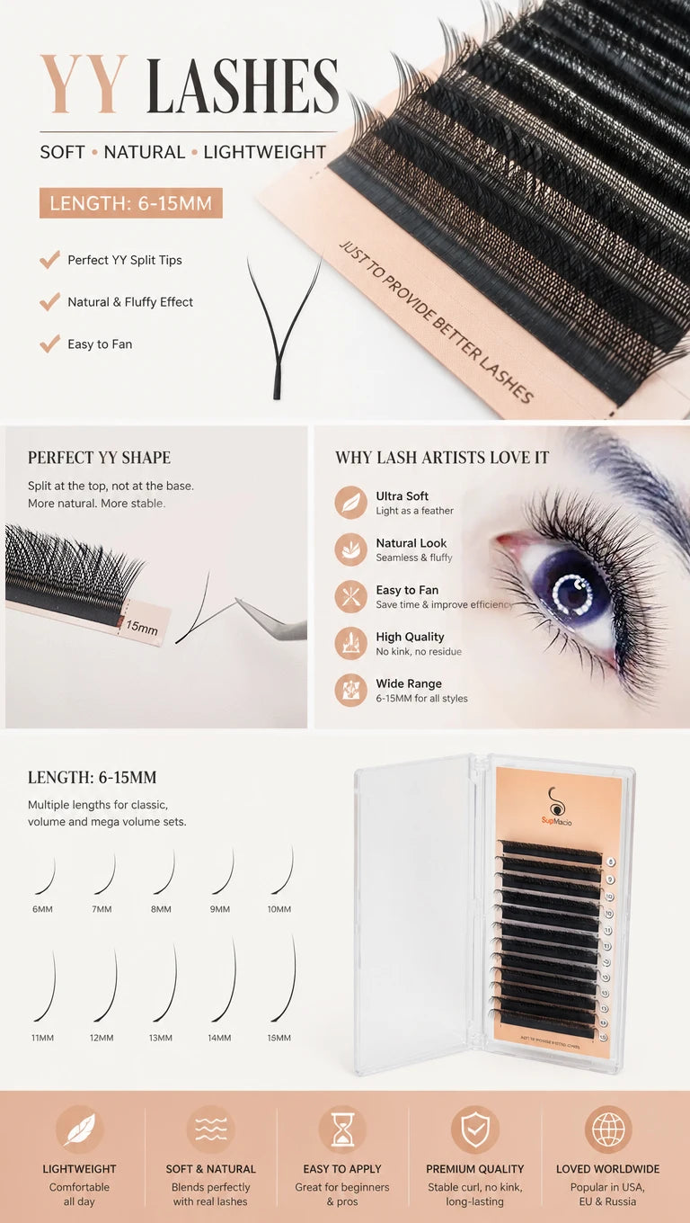 Supmacio YY Lash 6mm 7mm Y Shape Eyelashes Extension 2D 6-15mm Two Tip Eyelashes Brazilian Volume Fan Lash Supplies Mesh Lashes