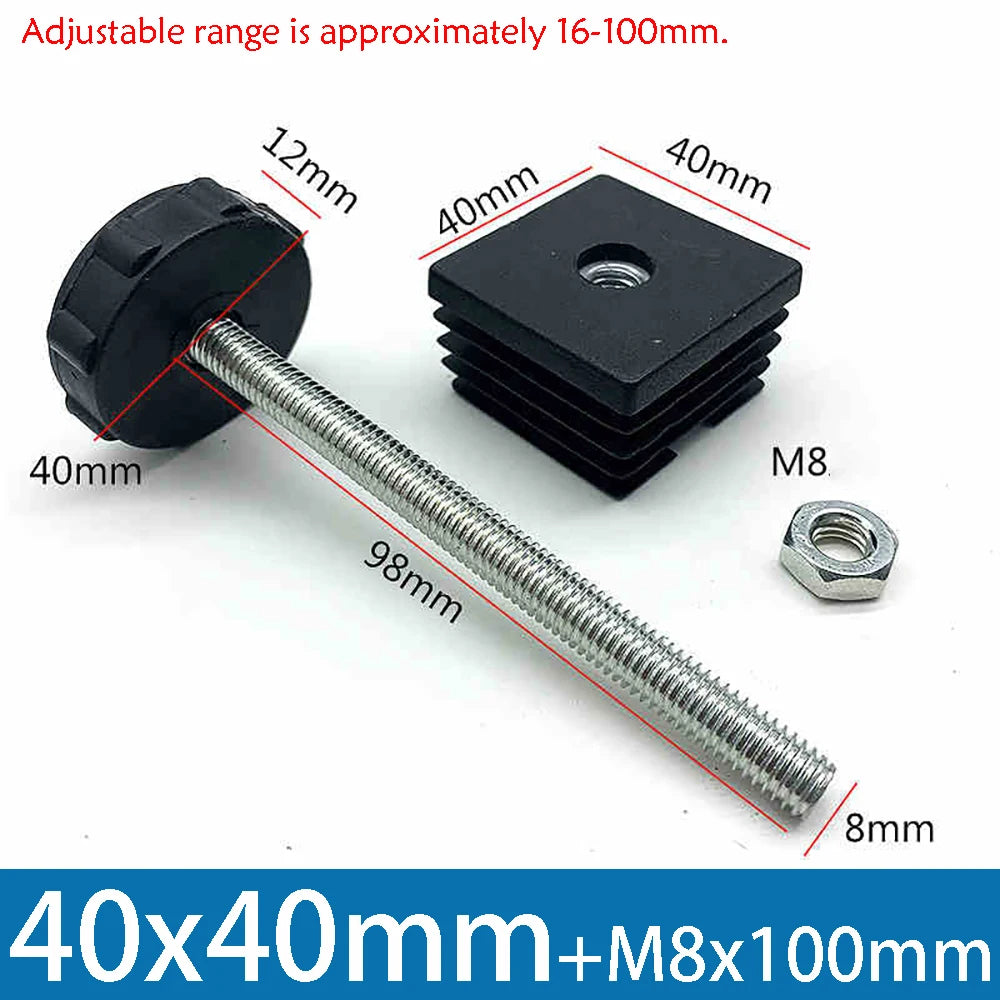 1-10Pcs Table Leg Plug With Nut and Adjustable Feet M8/M0x50/100mm Black Square/Round Furniture Rack Height Adjustable Foot Cup