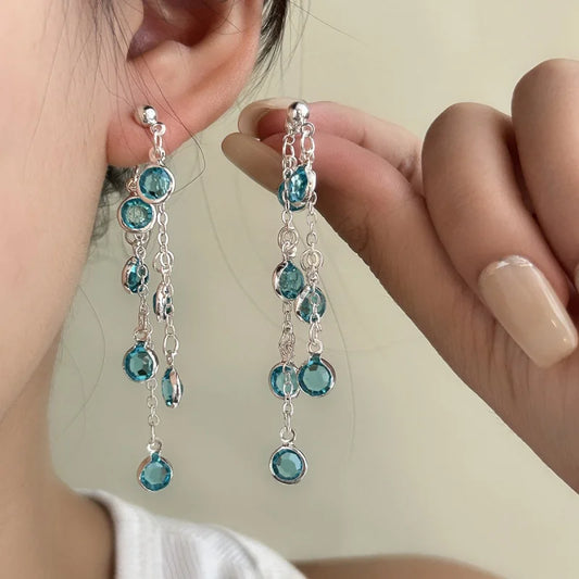 Sparkling Blue Crystal Water Droplet Tassel Earrings with Elegant Long Style And Unique Design For Women's Earrings
