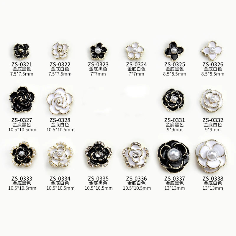 10PCS Glossy White Black Dimaonds Pearls Gold Edge Camellia Rose Flowers Metal Nail Art Rhinestones Jewelry Manicure Decorations