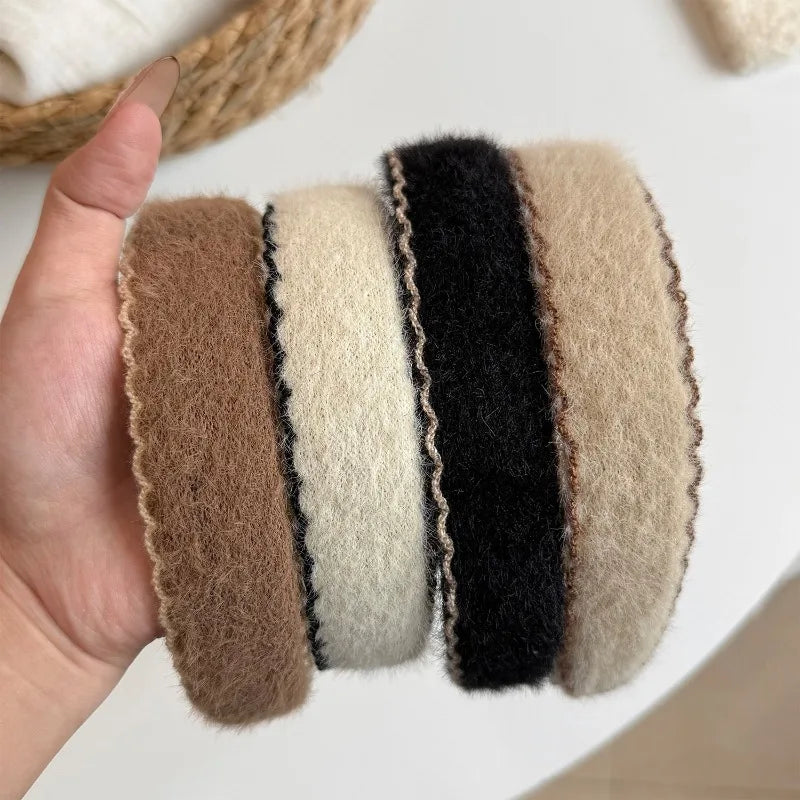 Autumn Winter Plush Ribbon Headbands Black White Cashmere Knit Hairband Women's Elegant Hair Accessories Warm Headwrap Non-slip