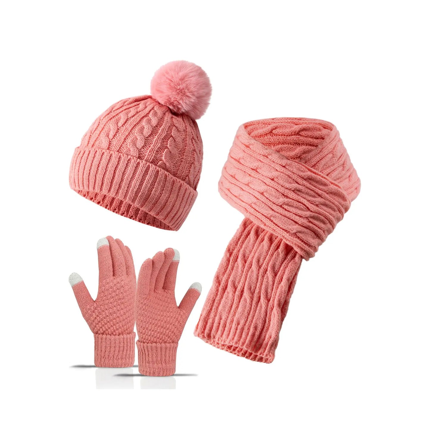 Women Winter 3Pcs Set Pom Pom Beanie Hat Scarf Touch Screen Gloves Sequin Knitted Warm Outdoor Accessories Christmas Gifts