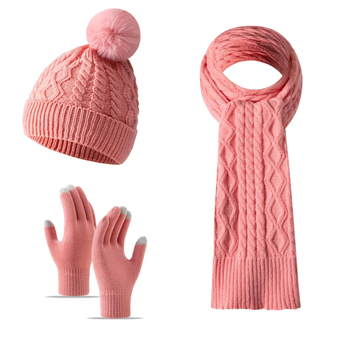 Women Winter 3Pcs Set Pom Pom Beanie Hat Scarf Touch Screen Gloves Sequin Knitted Warm Outdoor Accessories Christmas Gifts