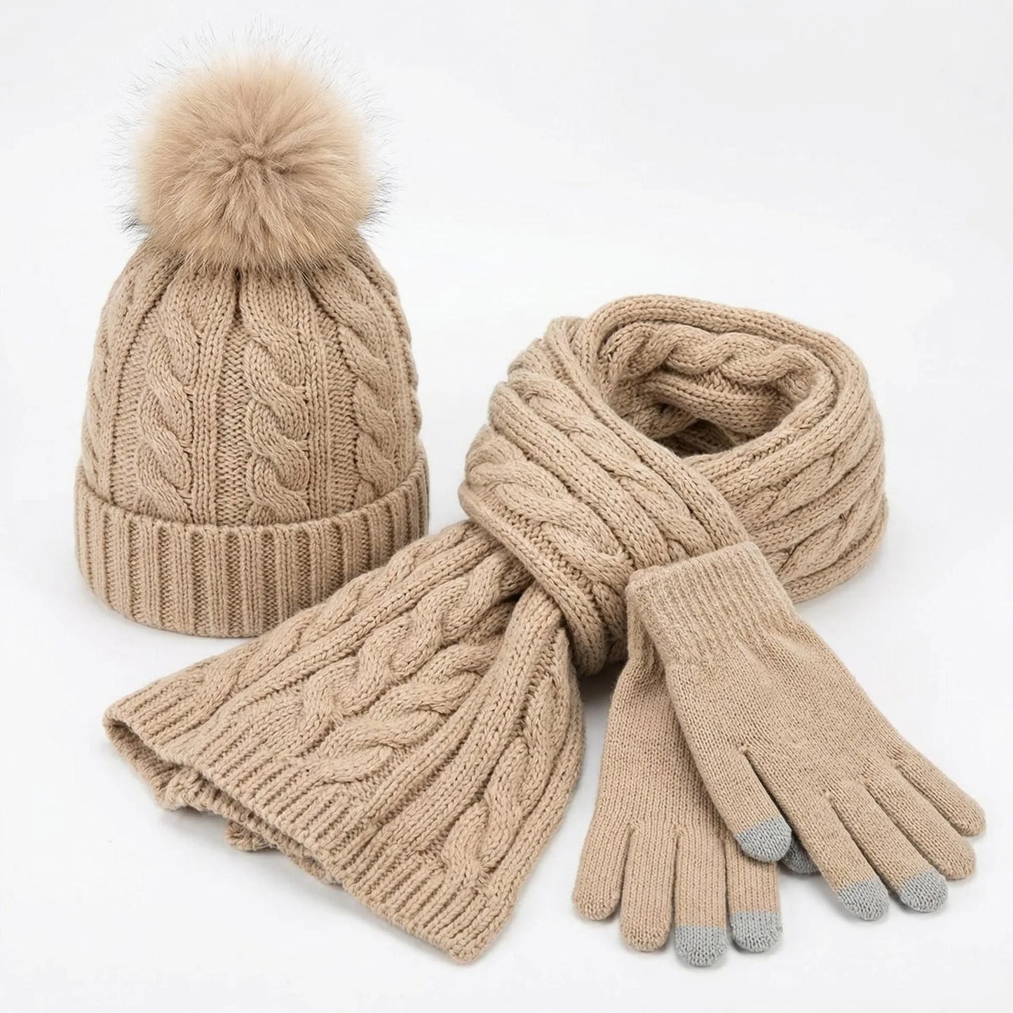 Women Winter 3Pcs Set Pom Pom Beanie Hat Scarf Touch Screen Gloves Sequin Knitted Warm Outdoor Accessories Christmas Gifts