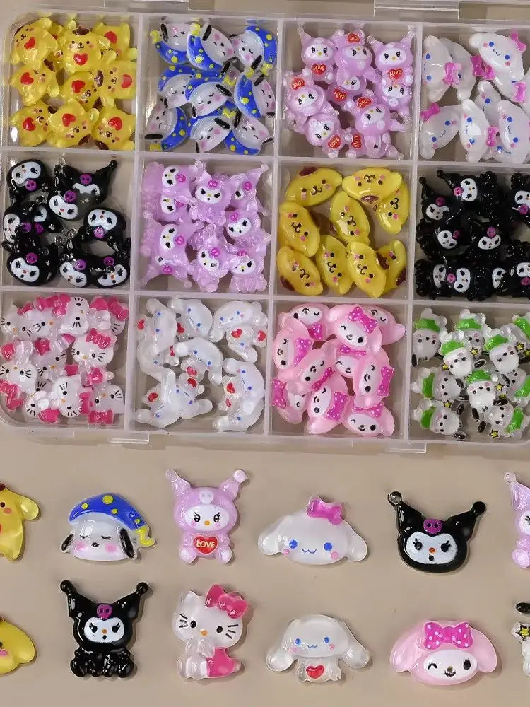 120PCS Boxed Mixed Sanrio Nail Charms Kuromi Cinnamoroll My Melody Resin Nail Decor DIY Manicure Nail Art Accessories