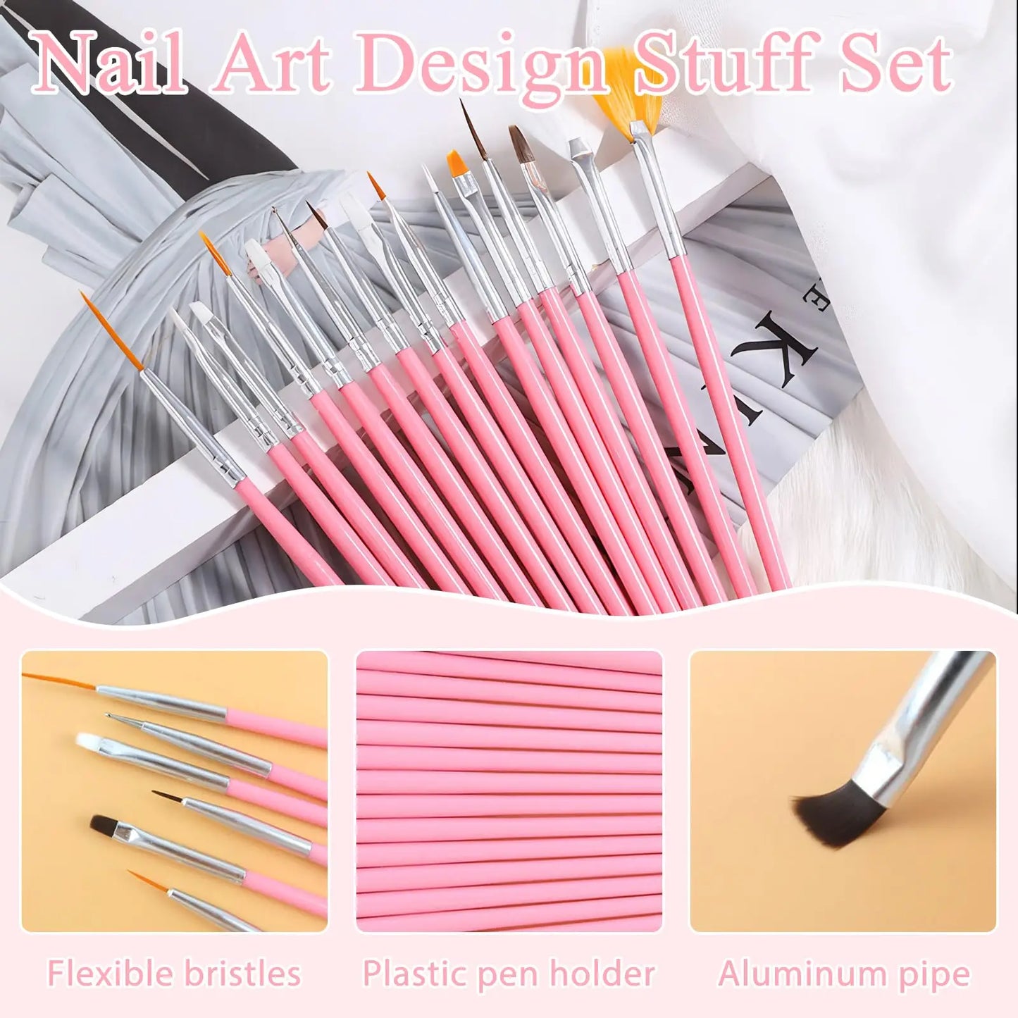 15Pcs Nail Art Brush Set Multifunctional Liner Brushes Detailing Brushes and Cleaning Tools Suitable for Gel Polish Art and DIY