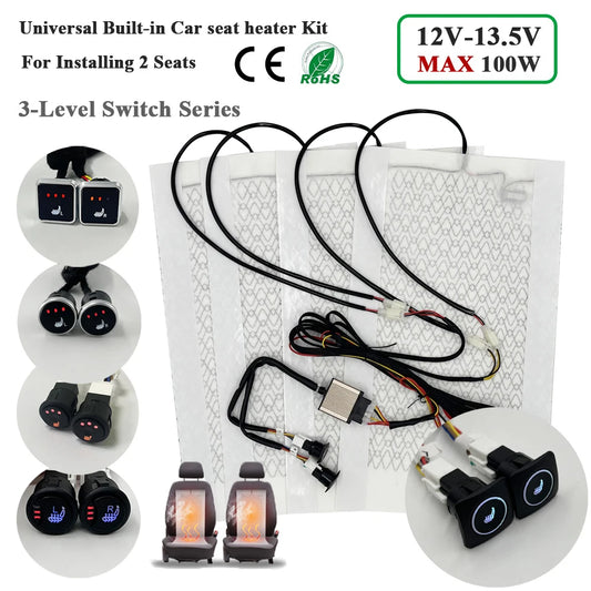 Universal Max 100W Built-in Car Seat Heater Kit Fit 2 Seats with 12V Carbon Fiber Heating Pads 3 Levels Control Switch System