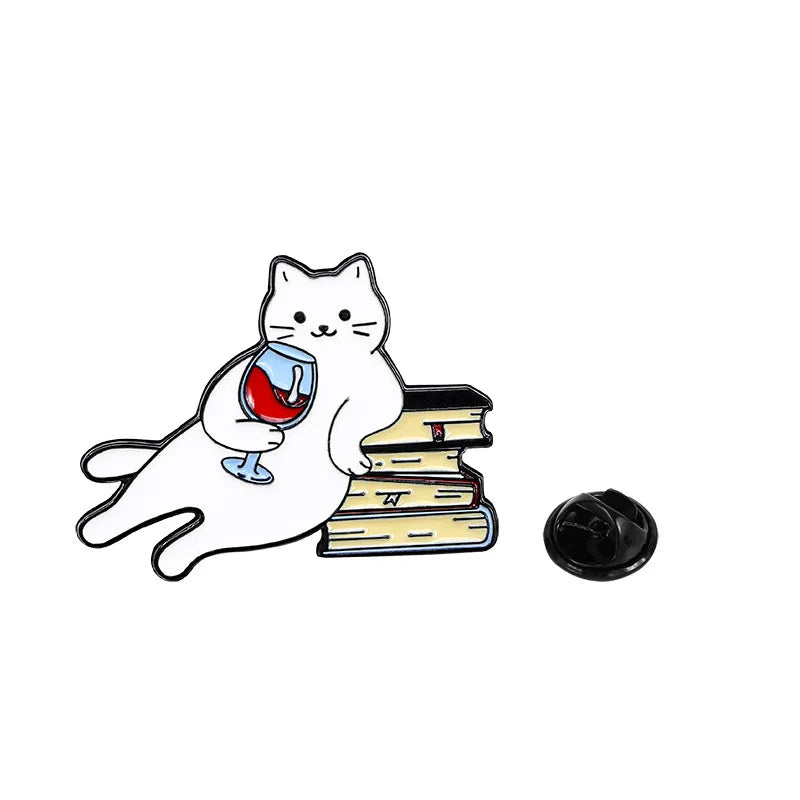 Cartoon white cat brooch, cat red wine, cute backpack, accessories, clothing decorations, zinc alloy badge