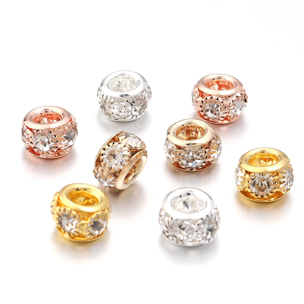 10pcs/lot Positioning Copper Beads Big Hole Side Setting Diamonds Loose Spacer Beads For Jewelry Making DIY Necklace Bracelet