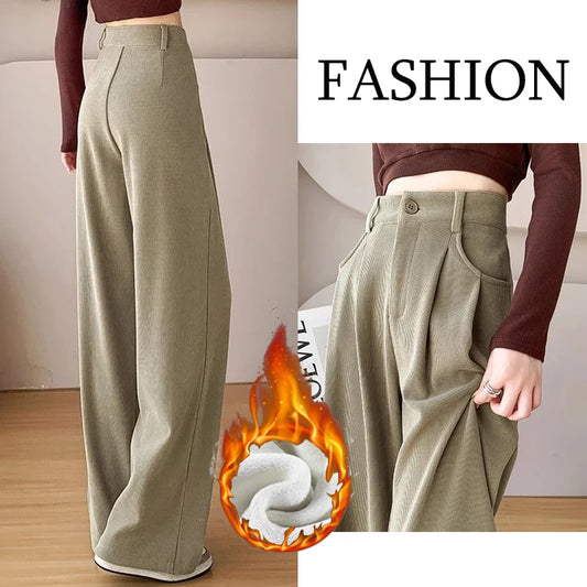 New Winter Girls High Waist Thermal Casual Pants Lady Retro Straight Leg Plush Trousers Women Snow Warm Baggy Fleece Pants