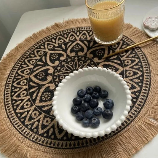 Vintage 36/38cm Round Placemat Heat Resistant Washable Braided Place Mats Non-Slip with Tassels Cup Coaster Mat Dining Table