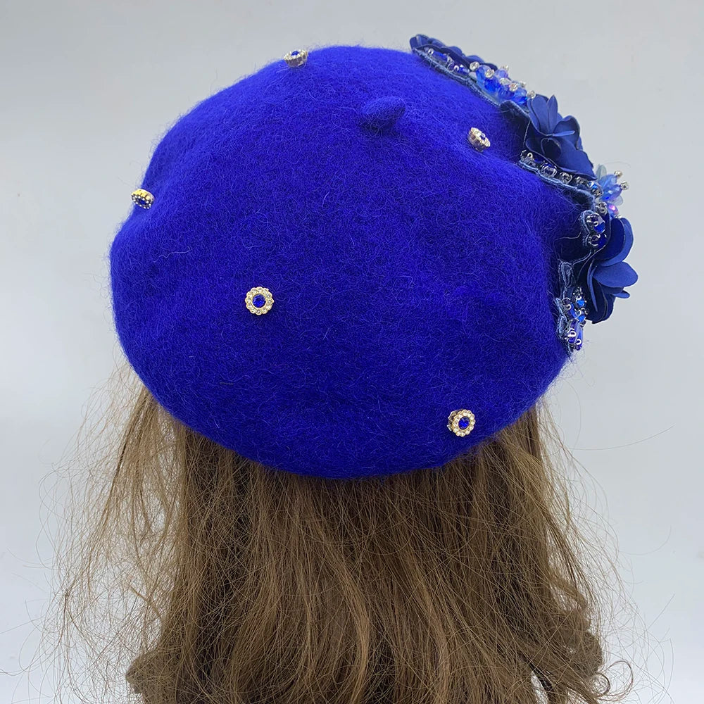 Winter Unique Designer Berets for Women Luxury Rhinestone Bouquet Turban Cap Exaggerated Painter Hat Female Winter Headpiece