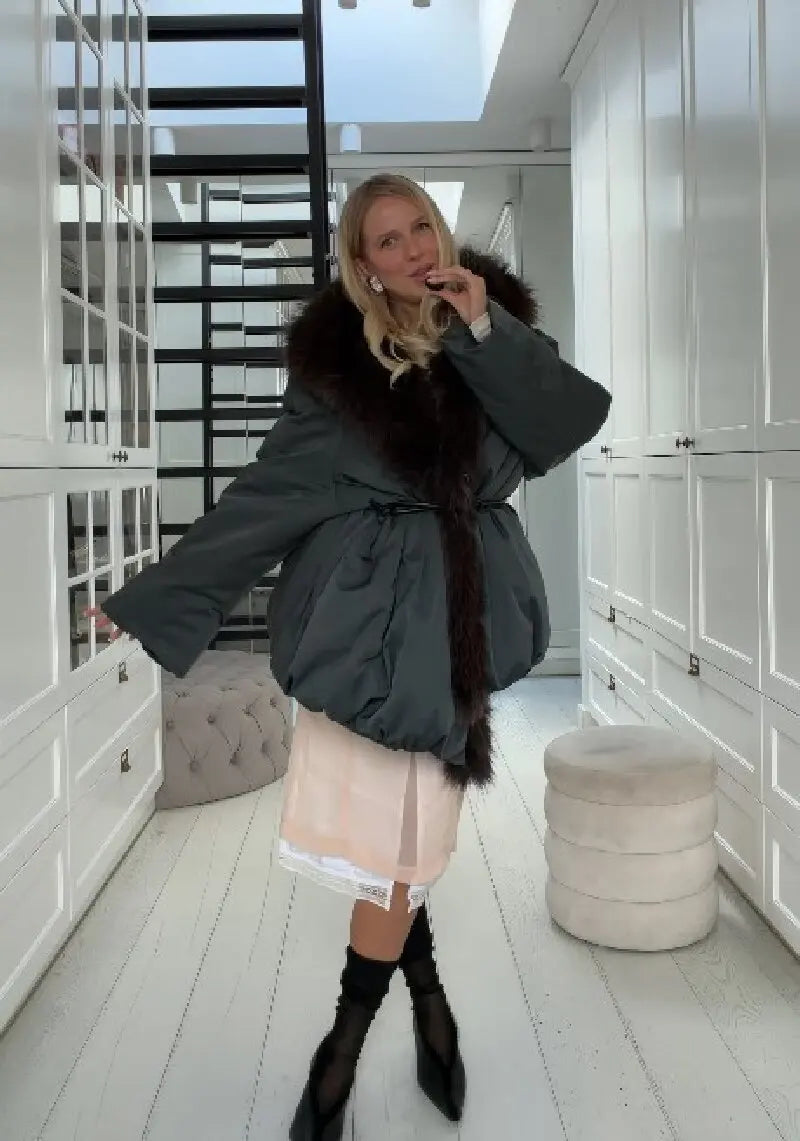 Winter Chic Faux Fur Collar Cotton Coat Women's Elegant Belted Waist Tie Oversized Warm Jacket Lady Daily Trendy Outerwear New