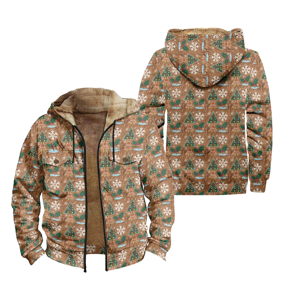 Winter Holiday Daily Wear Christmas Bells Warm Jackets Hooded Coats Print Plush Thick Hunting Farmer Windproof  Unisex Outerwear