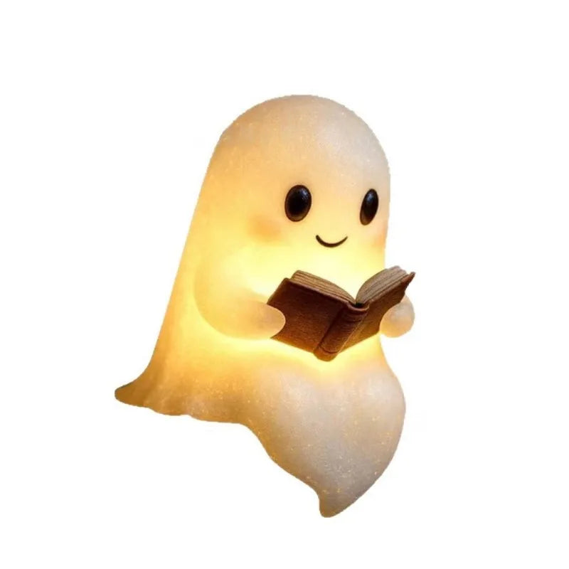 Cute Ghost Reading Book Night Light - Spooky Halloween Decor for Bedroom, Kids Room, Party Ornament, USB Rechargeable LED Lamp