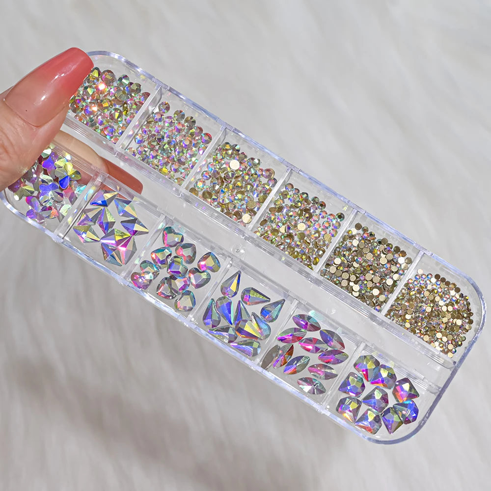 12Grids 3D Gold/Champagne Nail Art Rhinestones Mixed-Shapes Flat-Back Glass Diamonds Nails Charms Luxury DIY Manicure Decoration