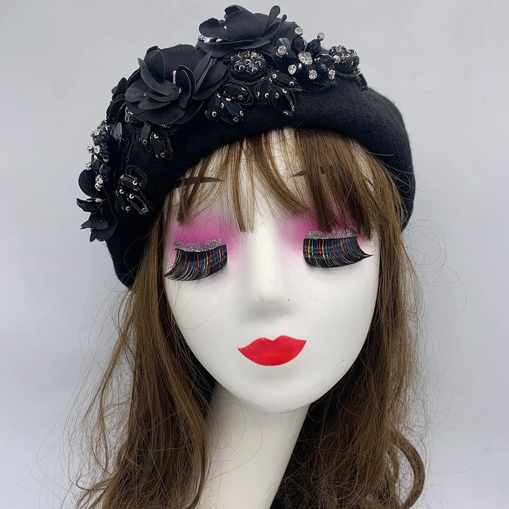 Winter Unique Designer Berets for Women Luxury Rhinestone Bouquet Turban Cap Exaggerated Painter Hat Female Winter Headpiece
