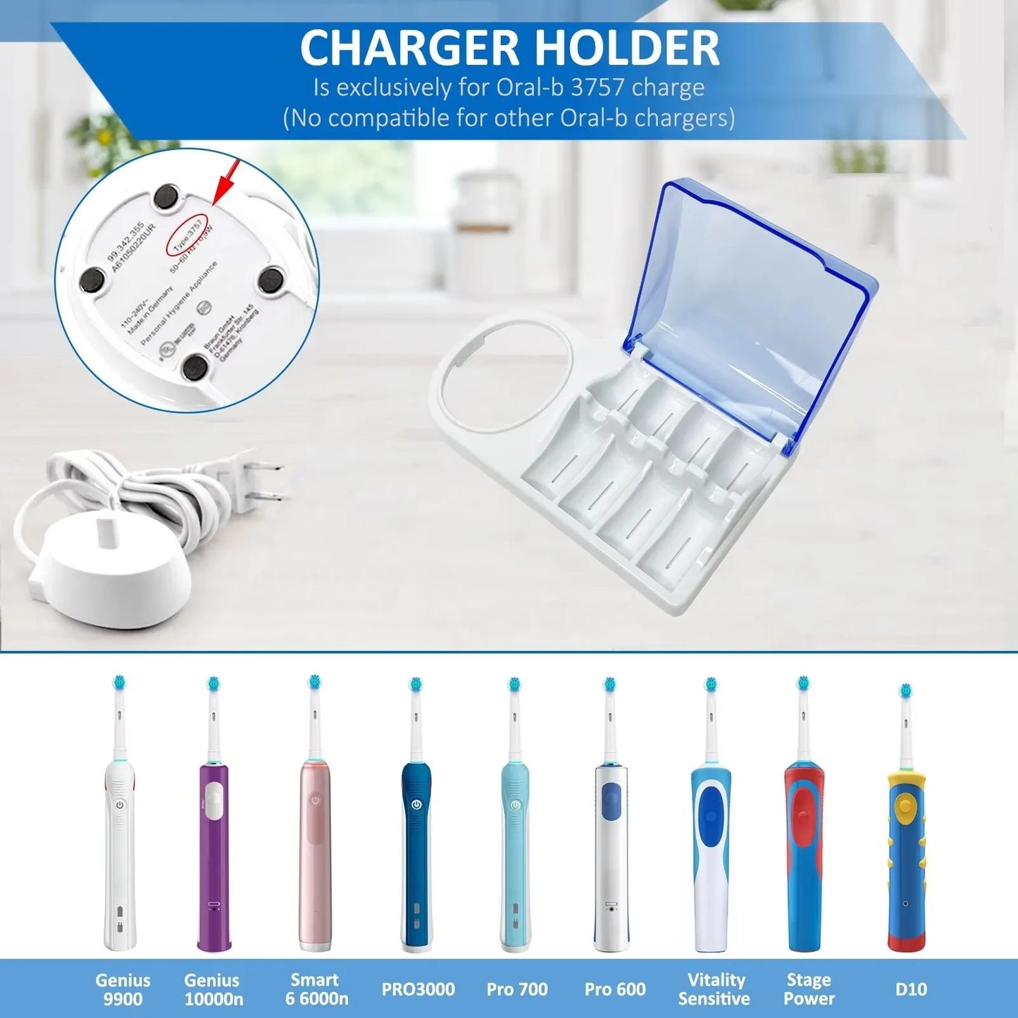 Electric Toothbrush Holder Replacement for Braun Oral B with Brush Head Storage Cover and Charger Base Stand