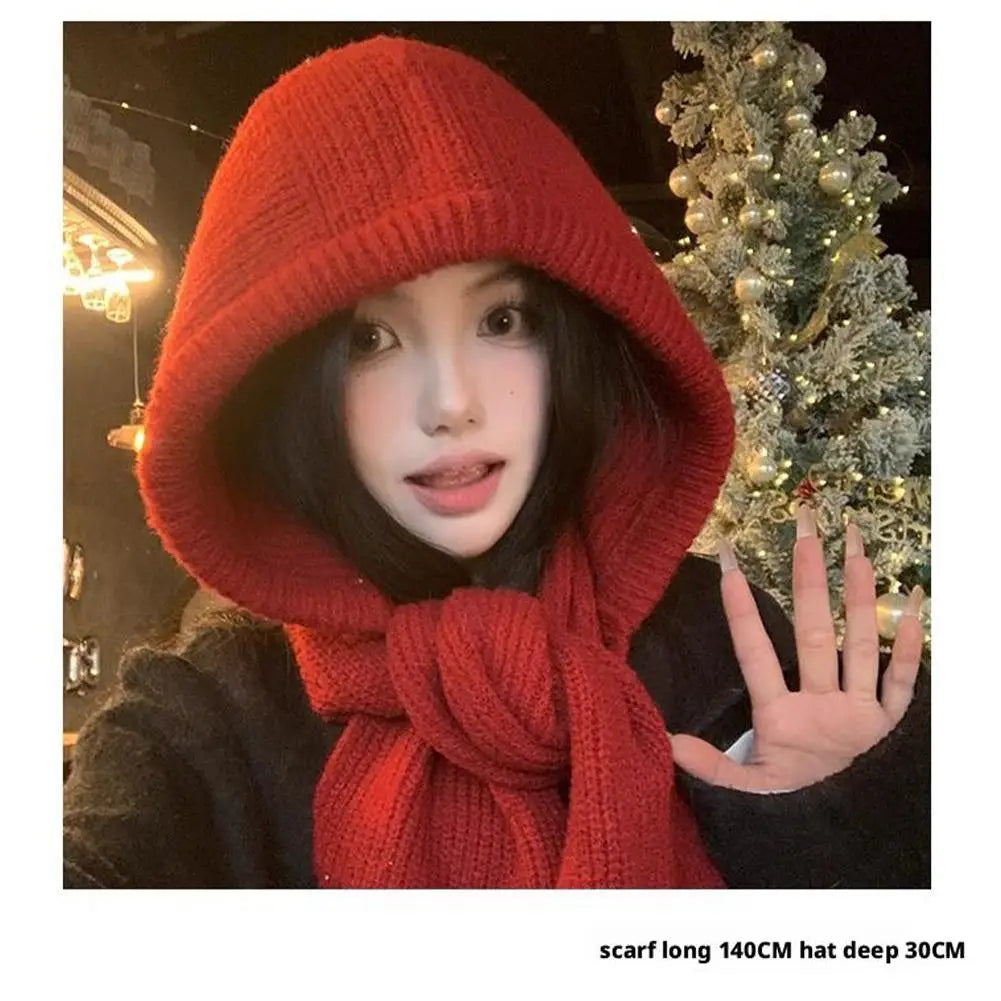 Winter Hats for Women Knitted Polyester Hooded Scarf Hat for Women Balaclava Knit Skull Cap Beanie Hat