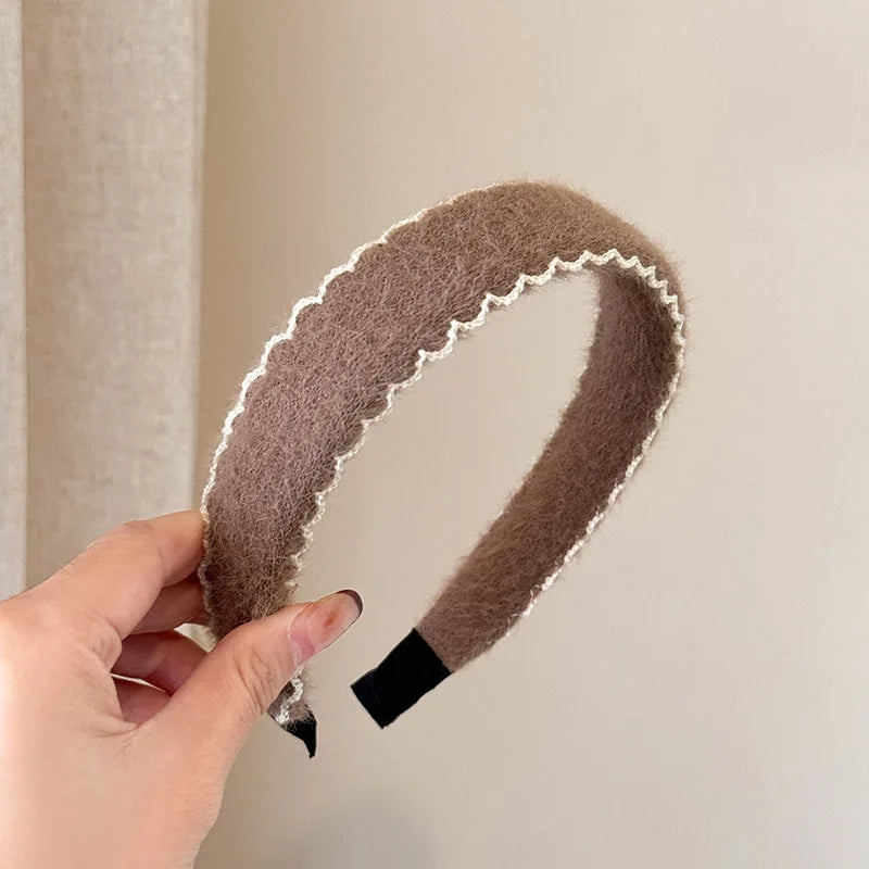 Autumn Winter Plush Ribbon Headbands Black White Cashmere Knit Hairband Women's Elegant Hair Accessories Warm Headwrap Non-slip